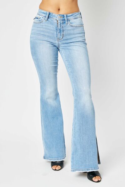 Judy Blue Full Size Mid Rise Raw Hem Slit Flare Jeans - Danielle and Jason Baker LLC - Danielle Baker's Boutique