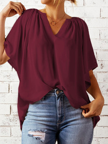 Ruched Notched Half Sleeve Blouse - Danielle and Jason Baker LLC - Danielle Baker's Boutique