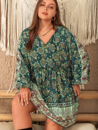 Plus Size V-Neck Balloon Sleeve Printed Mini Dress - Danielle and Jason Baker LLC - Danielle Baker's Boutique