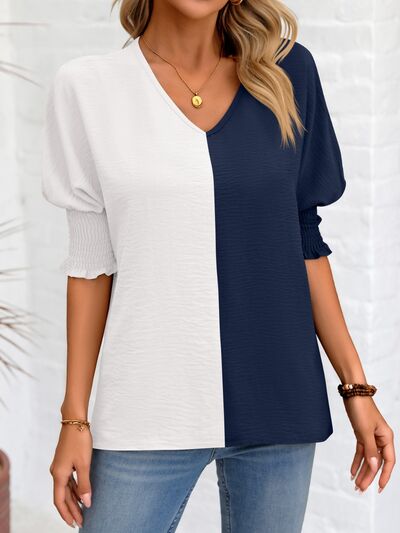 Contrast V-Neck Lantern Sleeve Blouse - Danielle and Jason Baker LLC - Danielle Baker's Boutique