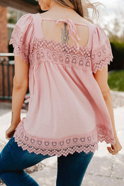 Lace Detail Square Neck Short Sleeve Blouse