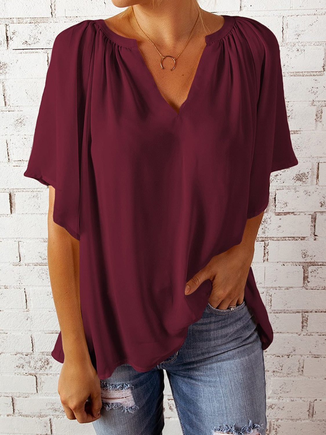 Ruched Notched Half Sleeve Blouse - Danielle and Jason Baker LLC - Danielle Baker's Boutique