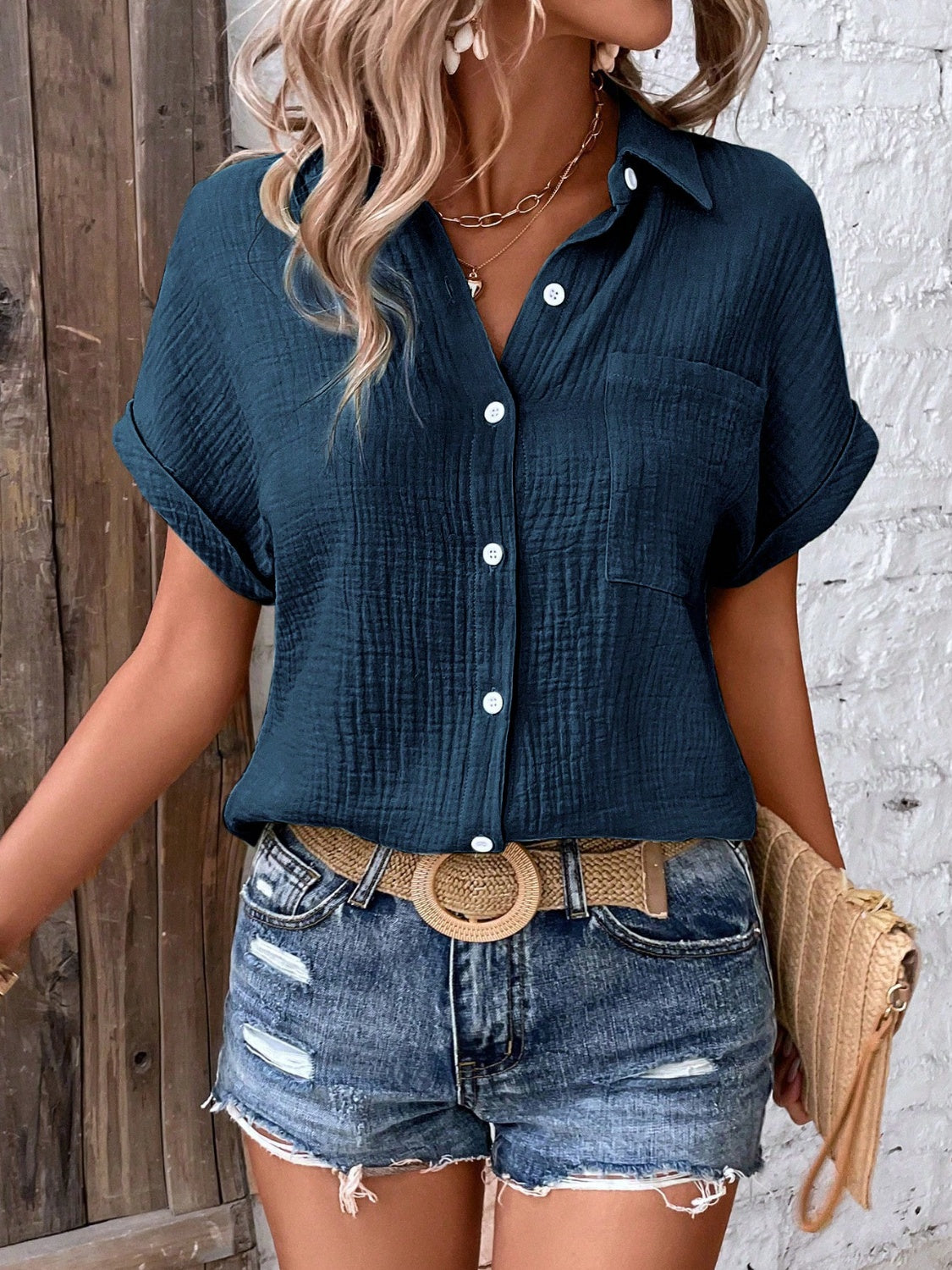 Textured Button Up Short Sleeve Shirt