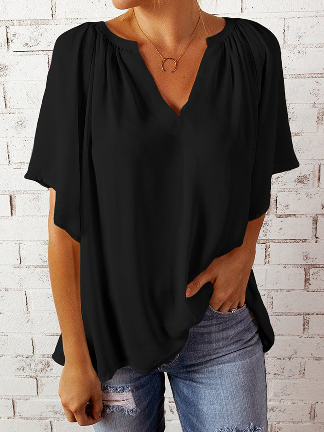 Ruched Notched Half Sleeve Blouse - Danielle and Jason Baker LLC - Danielle Baker's Boutique