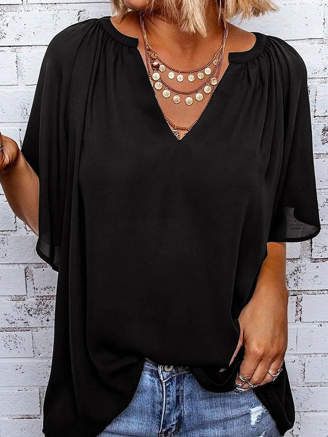 Ruched Notched Half Sleeve Blouse - Danielle and Jason Baker LLC - Danielle Baker's Boutique