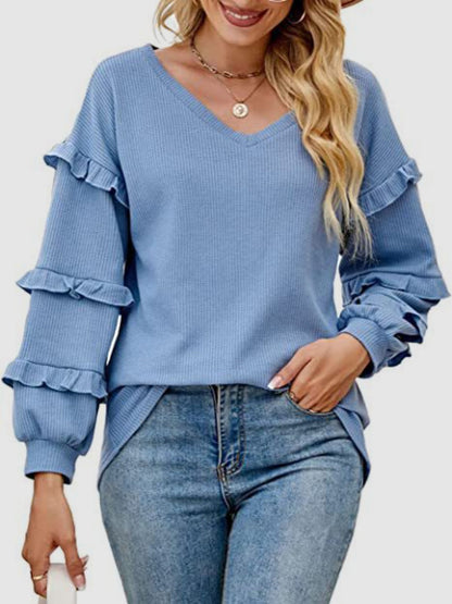 Ruffled V-Neck Long Sleeve T-Shirt