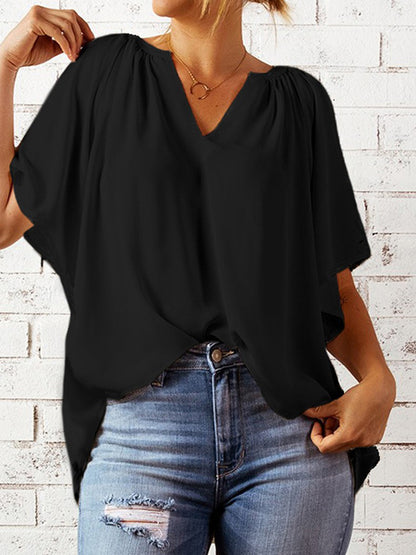 Ruched Notched Half Sleeve Blouse - Danielle and Jason Baker LLC - Danielle Baker's Boutique