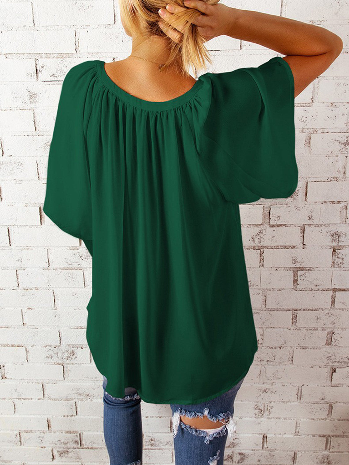 Ruched Notched Half Sleeve Blouse - Danielle and Jason Baker LLC - Danielle Baker's Boutique