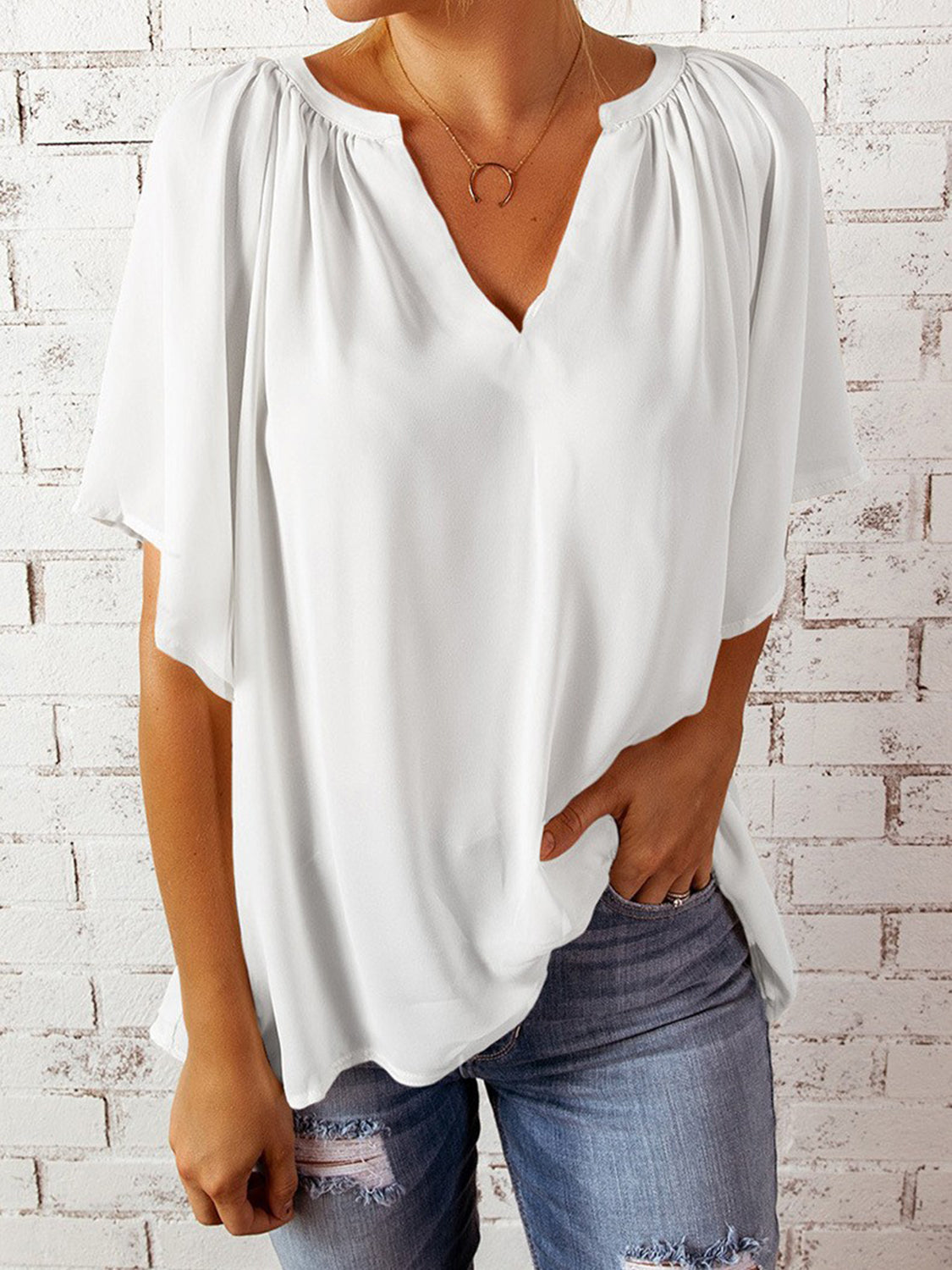 Ruched Notched Half Sleeve Blouse - Danielle and Jason Baker LLC - Danielle Baker's Boutique