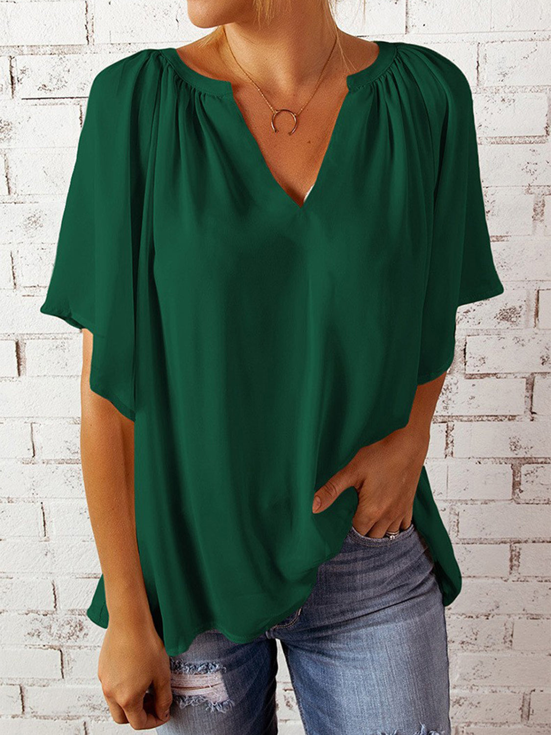 Ruched Notched Half Sleeve Blouse - Danielle and Jason Baker LLC - Danielle Baker's Boutique