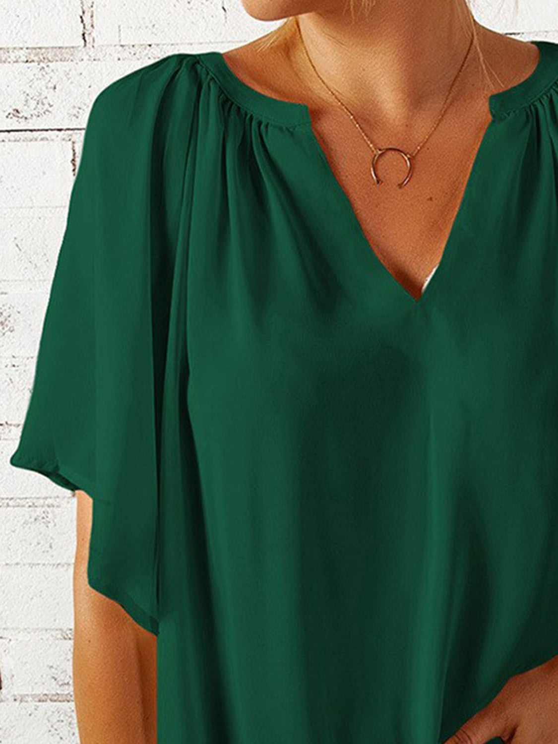 Ruched Notched Half Sleeve Blouse - Danielle and Jason Baker LLC - Danielle Baker's Boutique