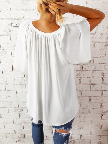 Ruched Notched Half Sleeve Blouse - Danielle and Jason Baker LLC - Danielle Baker's Boutique