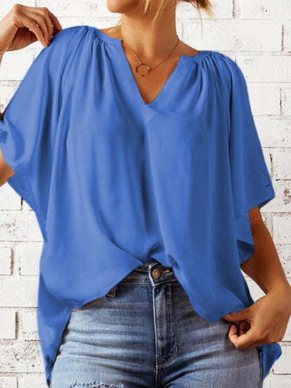 Ruched Notched Half Sleeve Blouse - Danielle and Jason Baker LLC - Danielle Baker's Boutique