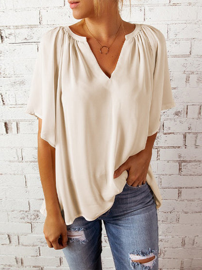 Ruched Notched Half Sleeve Blouse - Danielle and Jason Baker LLC - Danielle Baker's Boutique