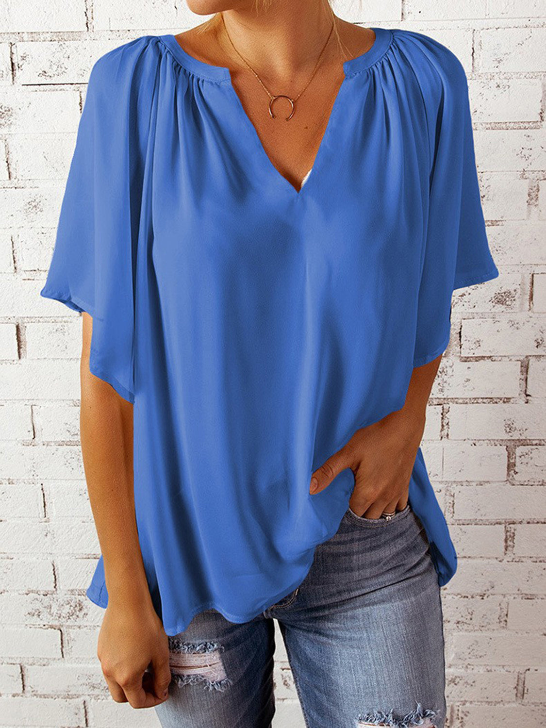 Ruched Notched Half Sleeve Blouse - Danielle and Jason Baker LLC - Danielle Baker's Boutique