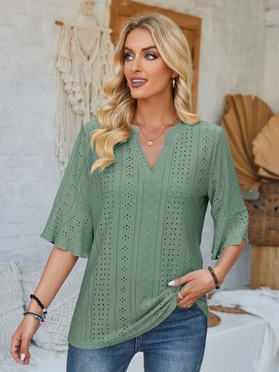 Eyelet Notched Half Sleeve T-Shirt