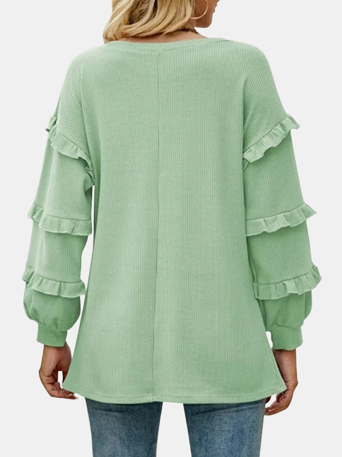 Ruffled V-Neck Long Sleeve T-Shirt