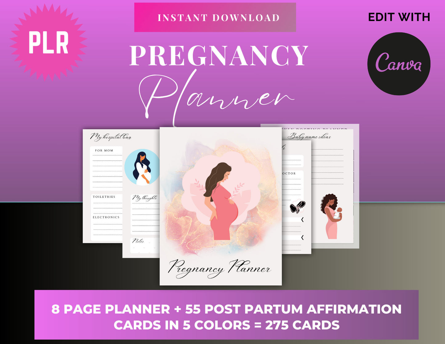 PLR Pregnancy Planner & 275 Post Partum Affirmation Cards Bundle - Private Label Rights - White Label - Resell for 100% Profit