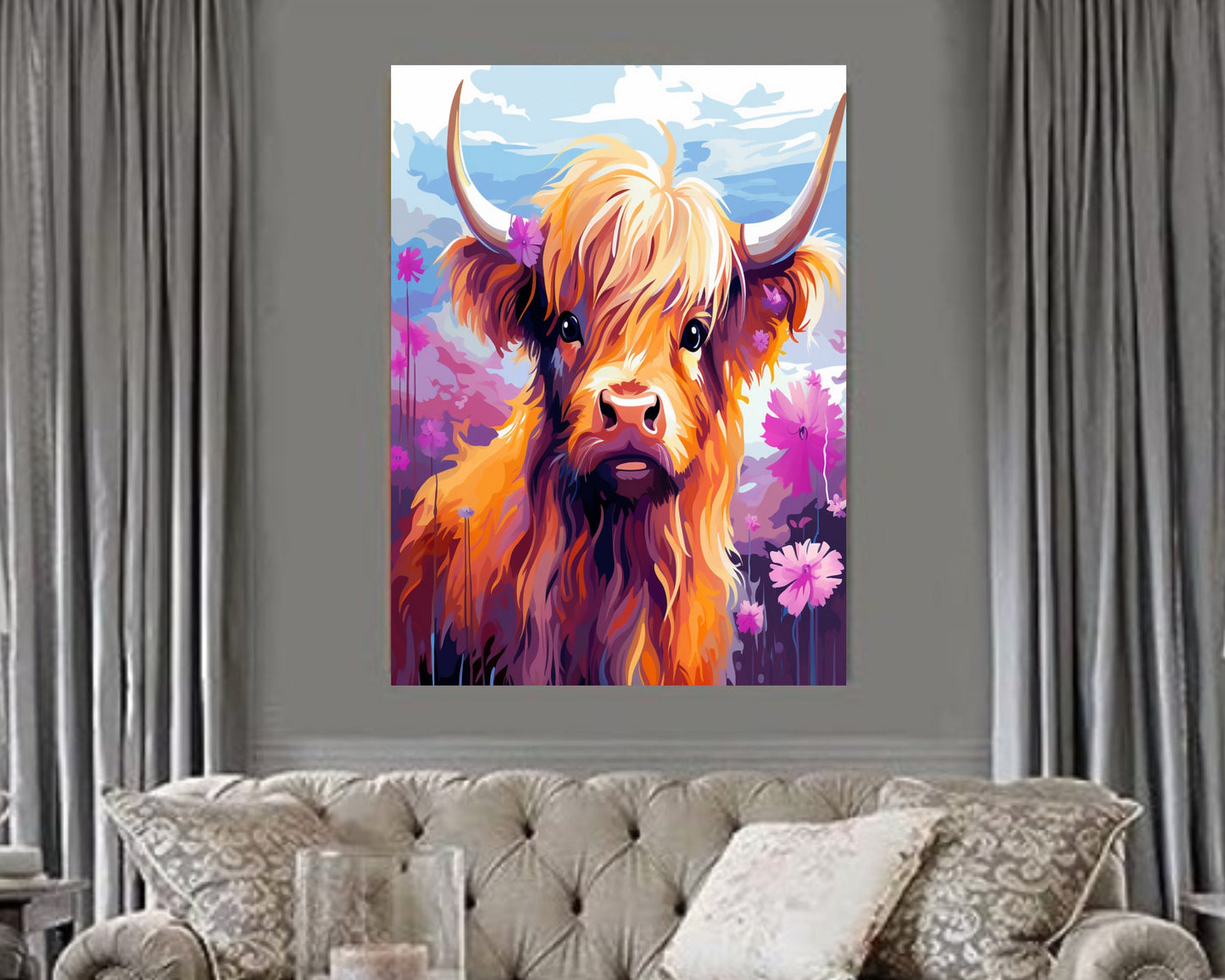 Abstract Color Highland cow print, digital download, farm animal print, highland cow wall art, farmhouse, cow poster, instant download